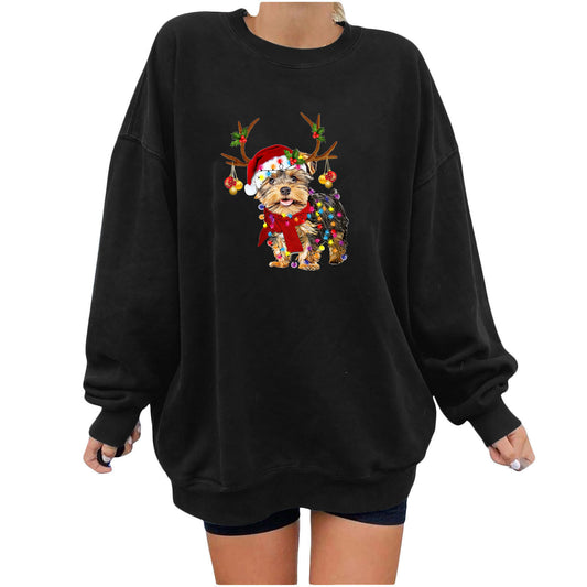 Shoulder down sweatshirt with Christmas dog print and plush hoodie