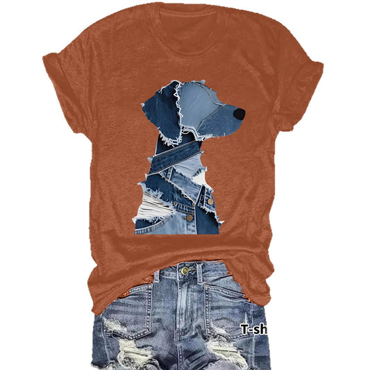 T-shirt women's short sleeved denim fragments dog